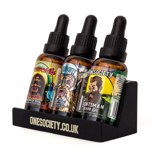 One society men's grooming products 3 slot beard oil holder for rookies, Paradise, Viking and Huntsman scents. Beard Oil Holder | Beard Bottle Display Stand | Made In UK | 3 Slots. Made by Onesociety.