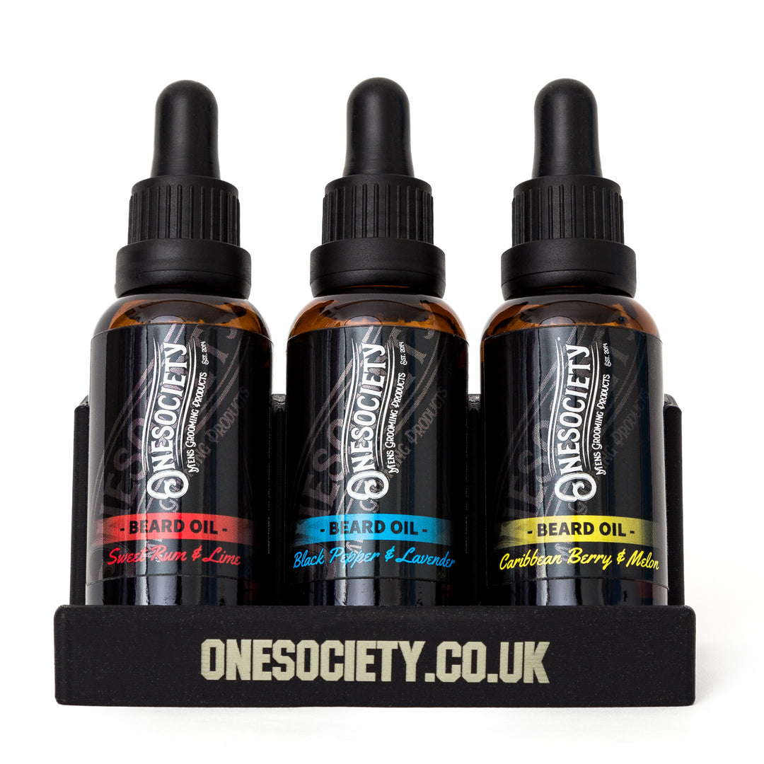 The perfect gift for him, One Society beard oil holder with 3 hand made beard oils. Beard Oil Holder | Beard Bottle Display Stand | Made In UK | 3 Slots. Made by Onesociety.