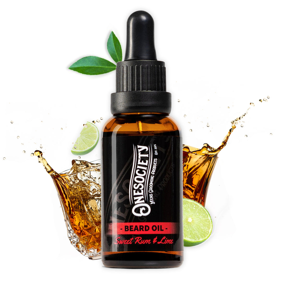 Onesociety sweet rum and lime beard oil made for men. Manly smelling beard oil that works.