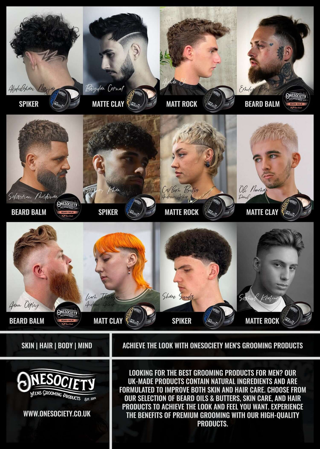 One society pro barber style guide for hair styling products.