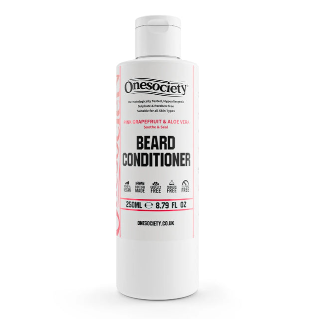 Onesociety Pink Grapefruit Beard Conditioner Standing up with a white background