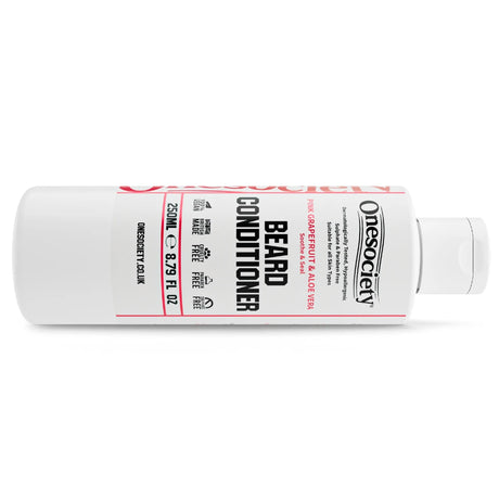 Onesociety Pink Grapefruit Beard conditioner bottle laying down on a white background
