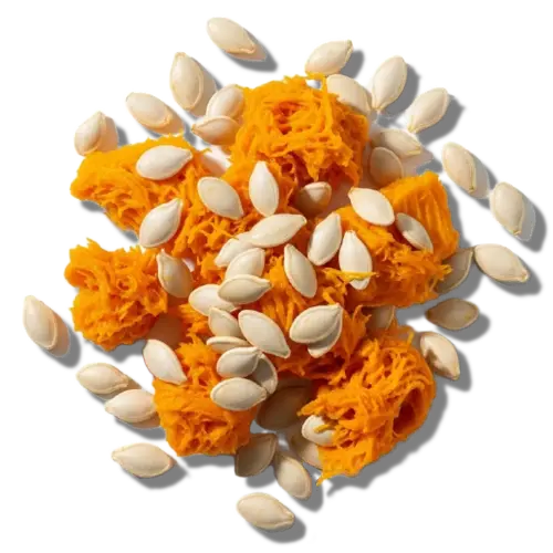 Pumpkin seeds and pumpkin pieces on a white background