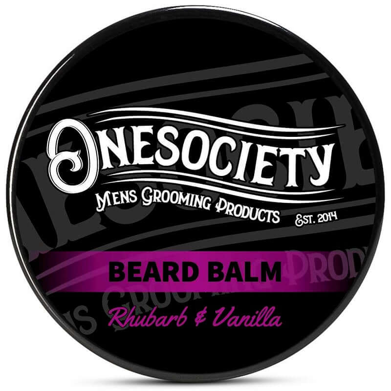 Onesociety strong holding men's beard balm Rhubarb and Vanilla. Zingy and Sharp, at the same time Refreshing, Sweet, Fruity, Rich, that Exudes Warmth in a Uniquely Alluring way.