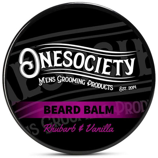 Onesociety strong holding men's beard balm Rhubarb and Vanilla. Zingy and Sharp, at the same time Refreshing, Sweet, Fruity, Rich, that Exudes Warmth in a Uniquely Alluring way.