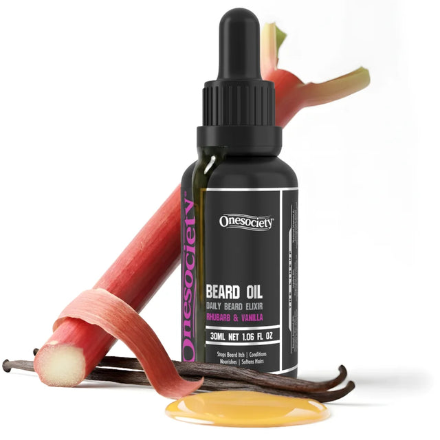 Rhubarb and vanilla beard oil made by one society