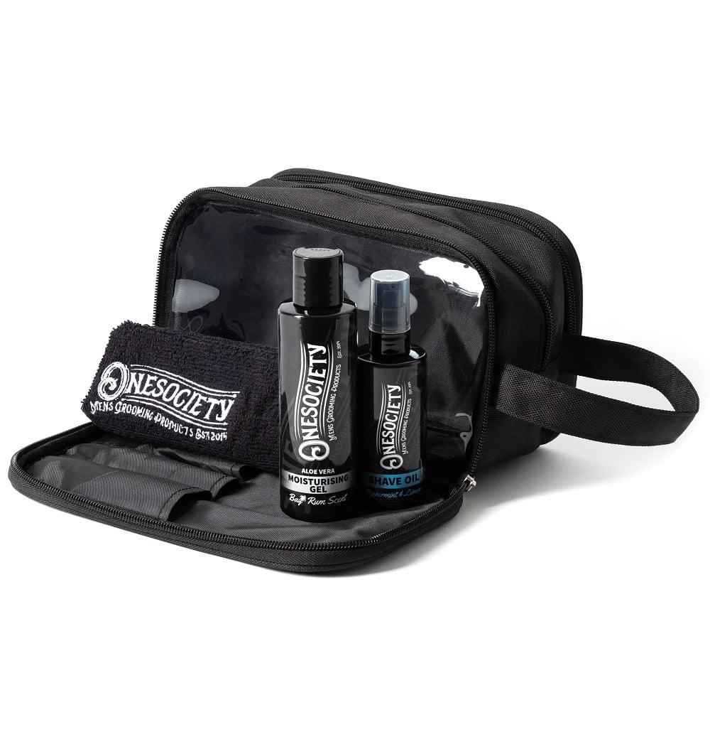 Affordable and Natural Shaving and Skin Care Bundle by One Society - Vegan-Friendly - Includes Shave Oil, Aloe Vera Moisturizer, Cotton Flannel, and Wash Bag - Made in the UK. Onesociety Men's Gift Set.