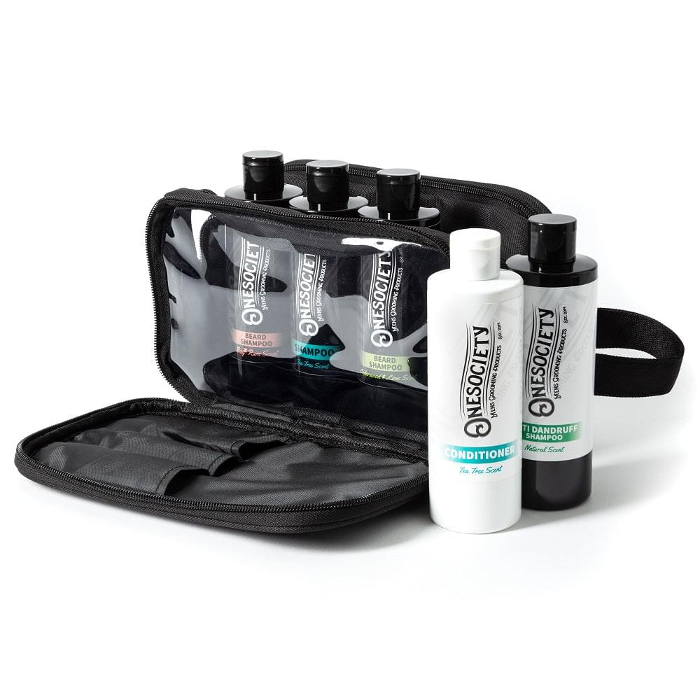 One Society Shower Care Kit - Transform Your Hair Care Routine - Vegan-Friendly and Cruelty-Free - Made in the UK - Includes Beard Shampoo, Tea Tree Shampoo, Tea Tree Conditioner, Anti-Dandruff Shampoo, and Luxury Wash Bag. Onesociety Men's Hair, Body and Beard Shower Gift Set.