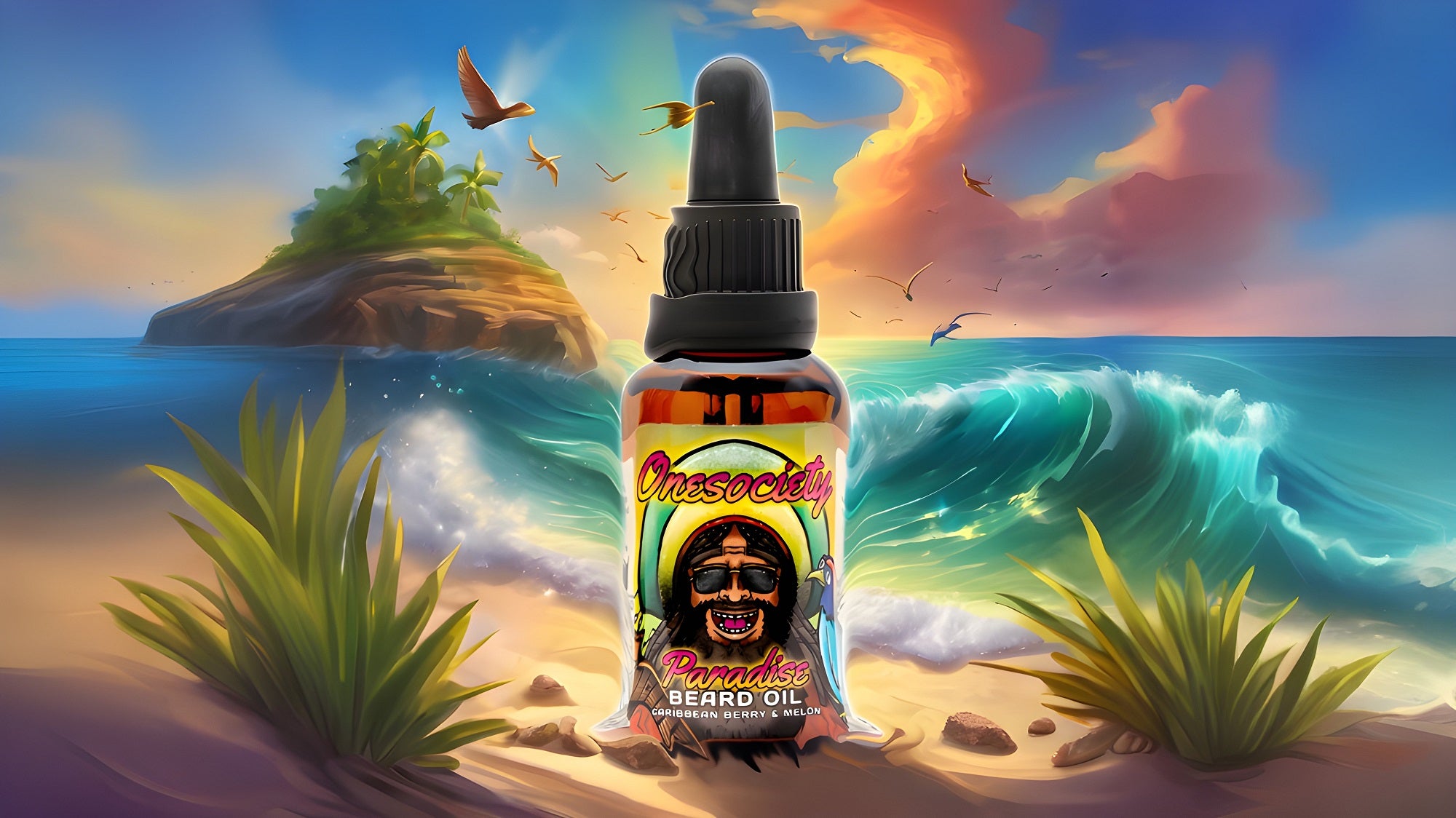 Paradise Beard Oil sitting on a beach in the summer