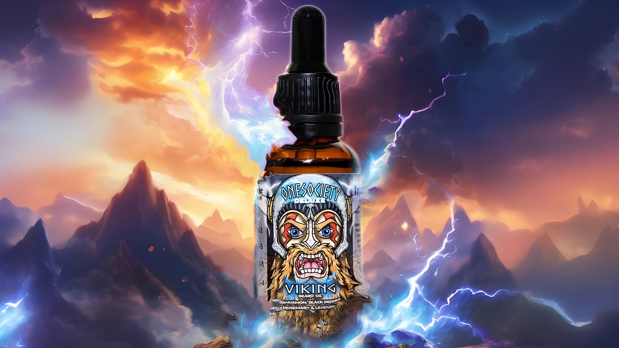 One society Viking beard oil sitting in mountains with lightning and a thunderstorm 