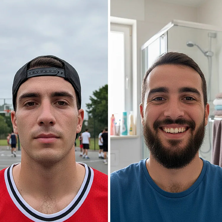 Two side-by-side images of a man, one outdoors and one in a bathroom.