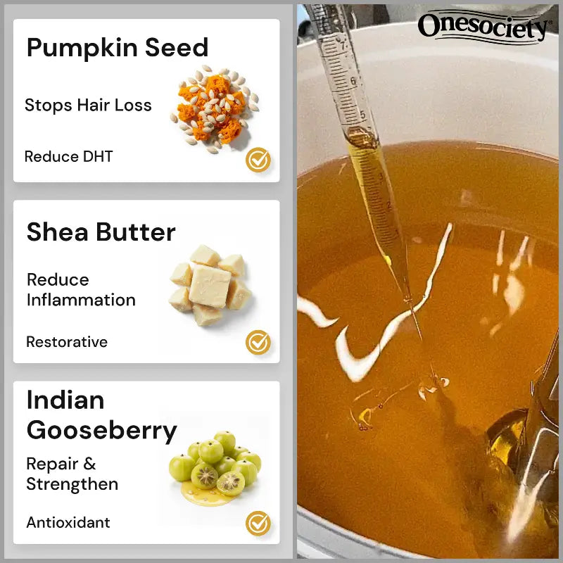 Product panel with pumpkin seed, shea butter, and Indian gooseberry benefits, alongside a close-up of a brown liquid being poured.