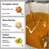 Product panel with pumpkin seed, shea butter, and Indian gooseberry benefits, alongside a close-up of a brown liquid being poured.