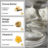 Onesociety skincare product with cocoa butter, mango butter, and vitamin E benefits displayed.