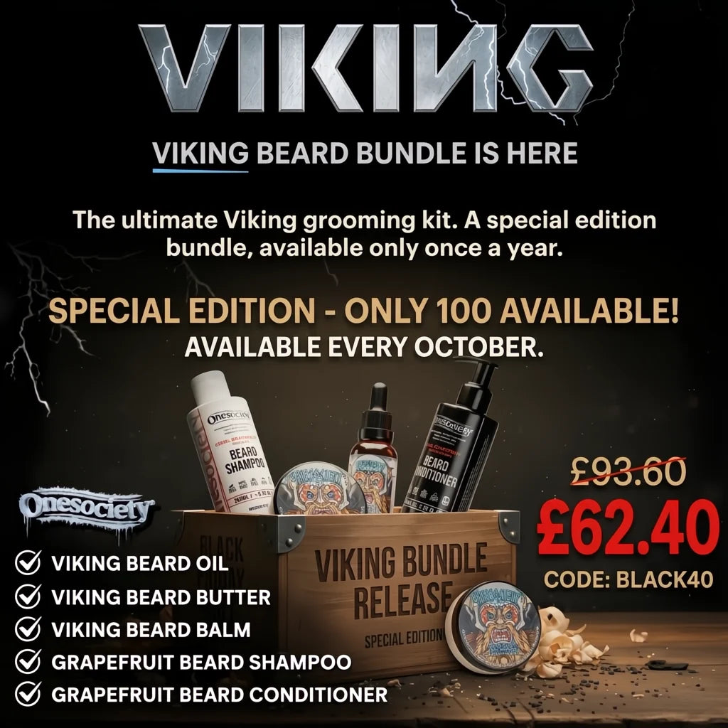 Promotional graphic for the Viking Beard Bundle by Onesoclet, featuring a wooden crate filled with beard care products including oil, butter, balms, shampoo, and conditioner, with text highlighting the special edition price and availability.