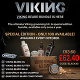 Promotional graphic for the Viking Beard Bundle by Onesoclet, featuring a wooden crate filled with beard care products including oil, butter, balms, shampoo, and conditioner, with text highlighting the special edition price and availability.