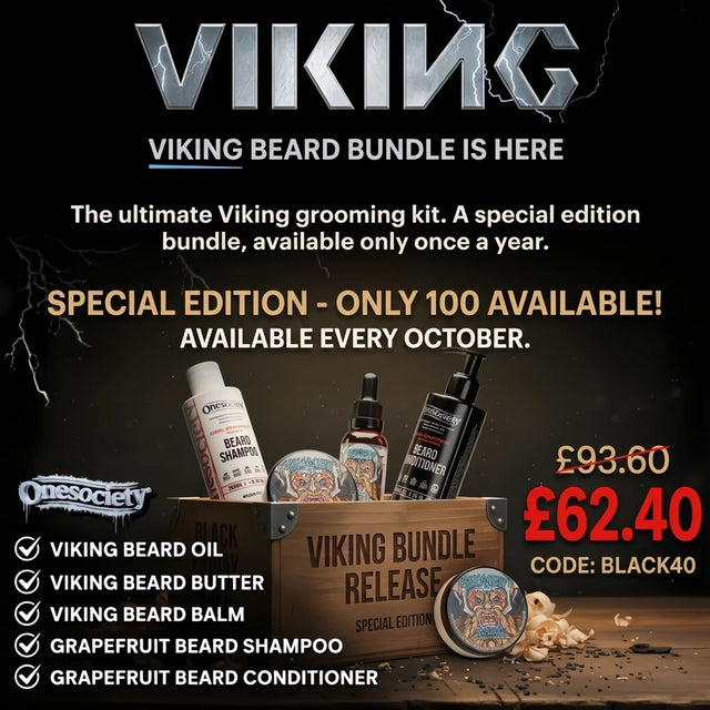 Promotional graphic for the Viking Beard Bundle by Onesoclet, featuring a wooden crate filled with beard care products including oil, butter, balms, shampoo, and conditioner, with text highlighting the special edition price and availability.