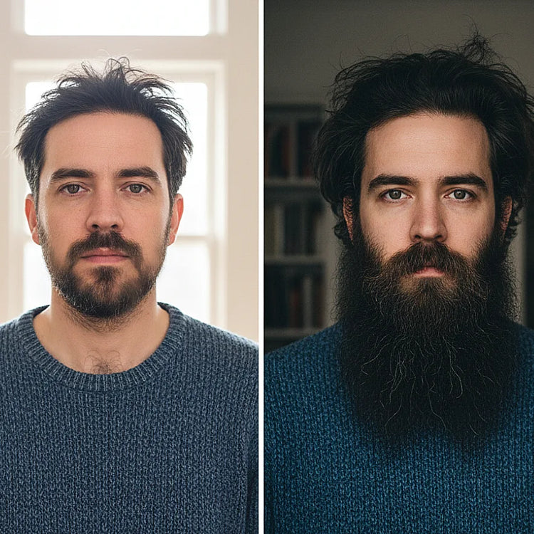Side-by-side comparison of a man with and without a beard.