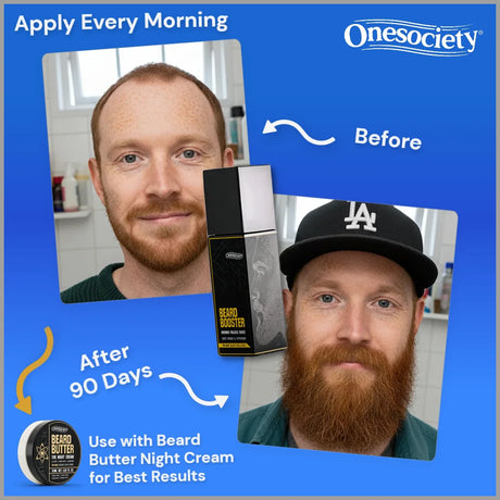 Advertisement for Onesociety beard products showing a before and after comparison of a man's beard growth.