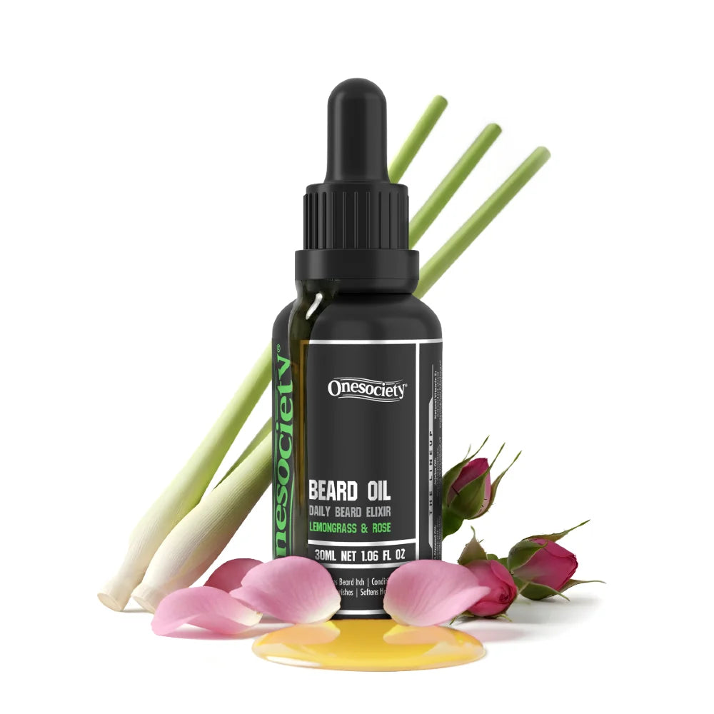 Bottle of Onesociety beard oil with botanical elements on a white background