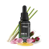 Bottle of Onesociety beard oil with botanical elements on a white background