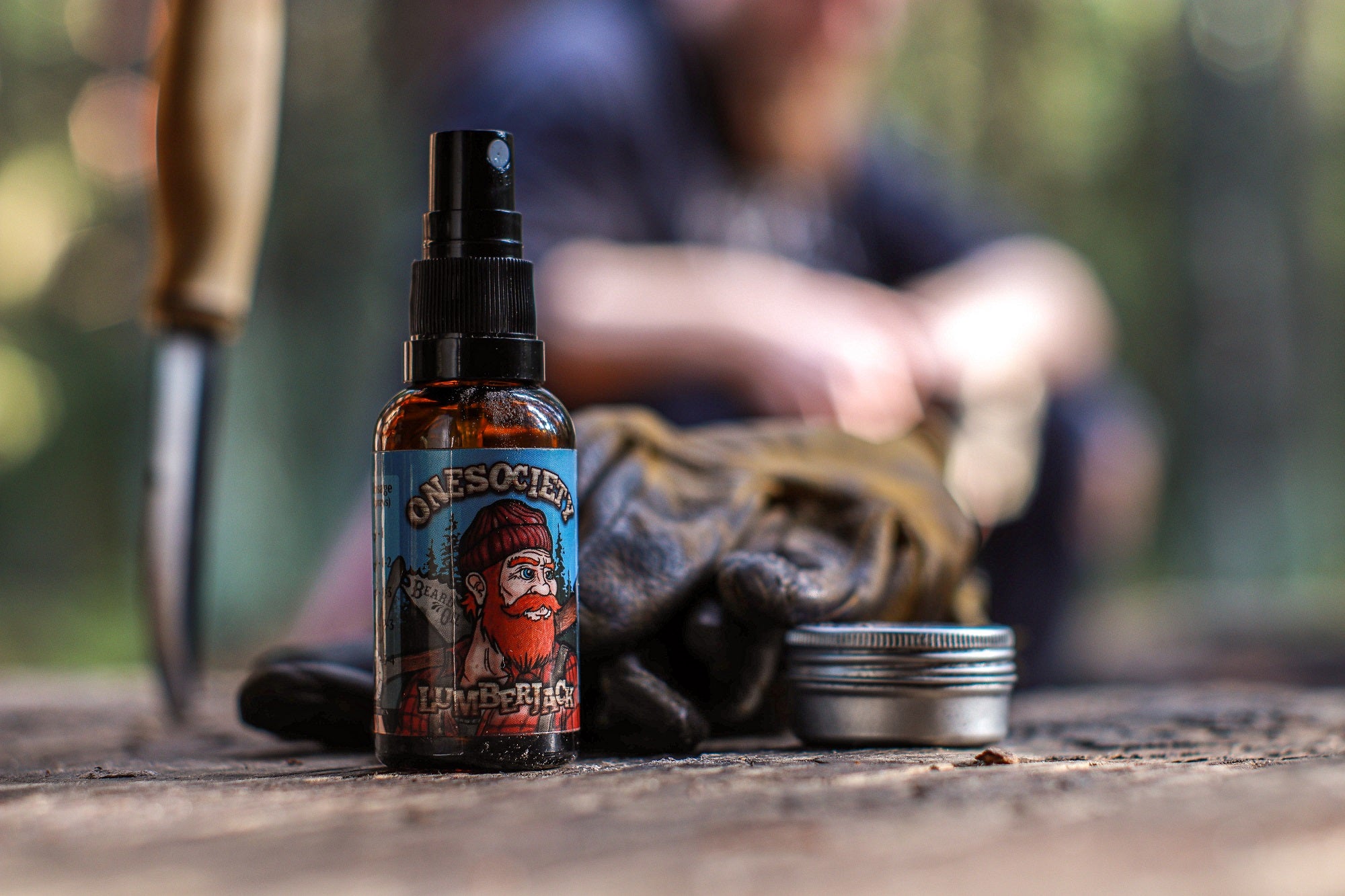 One society lumberjack beard oil made for men. 20% off savings on pine smelling beard oil.