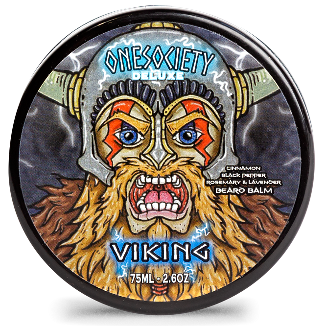 Onesociety Viking Beard Balm, made for men who have the best, biggest beard in the UK. One society men's grooming products, Cinnamon, black pepper, lavender & rosemary scented