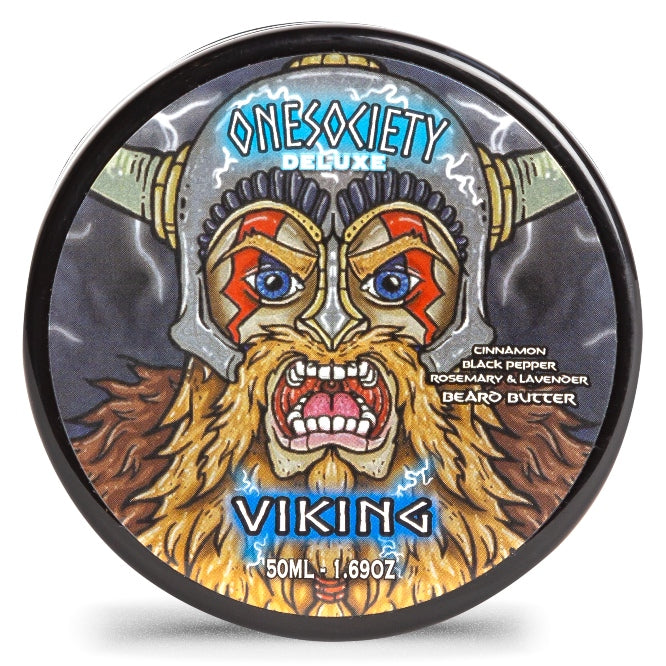 Onesociety Viking Vegan Friendly Beard Butter, made for men who have the best, biggest beard in the UK. One society men's grooming products, Cinnamon, black pepper, lavender & rosemary scented