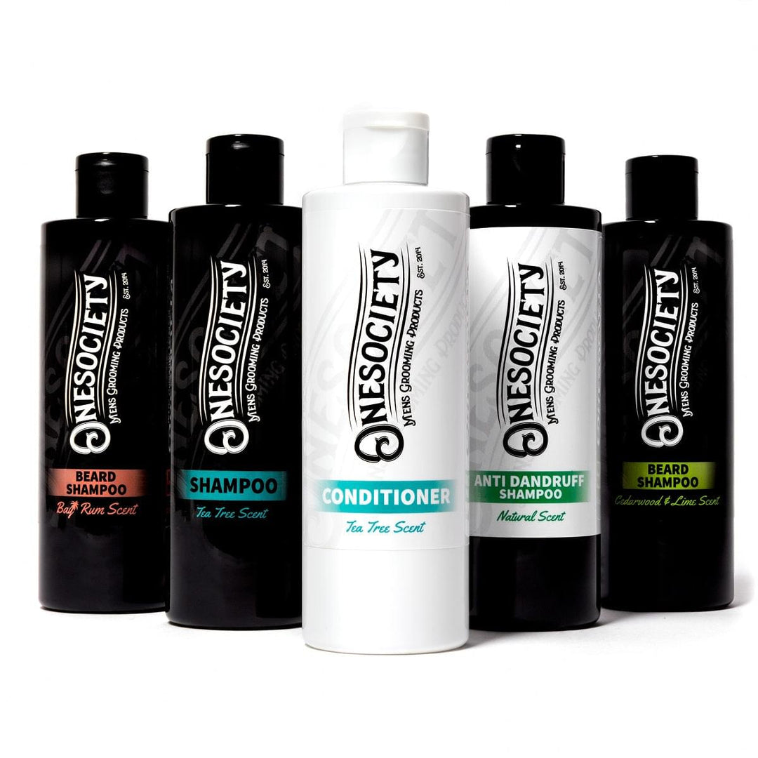 Onesociety Hair & Beard Care Shower Bundle - Includes Bay Rum and Cedarwood Beard Shampoo, Lime and Coconut Beard Shampoo, Tea Tree Shampoo and Conditioner, and Anti-Dandruff Shampoo made in the UK by one society men's grooming products