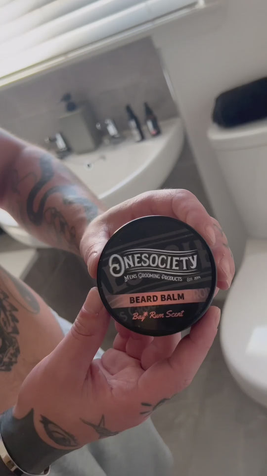 One Society Vegan Beard Balm Bay Rum scent. Onesociety Men's Grooming Products.