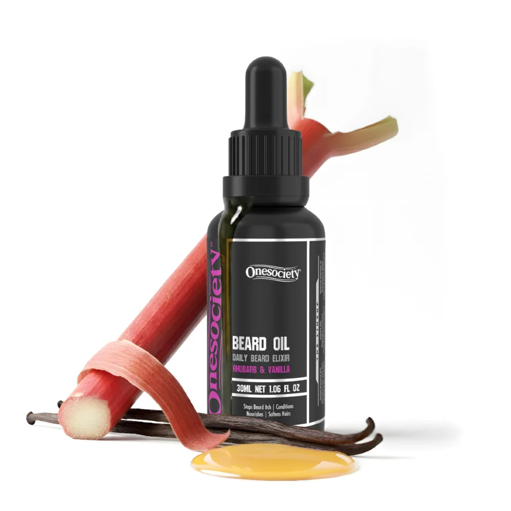 Onesociety beard oil bottle with vanilla beans and vanilla extract on a white background